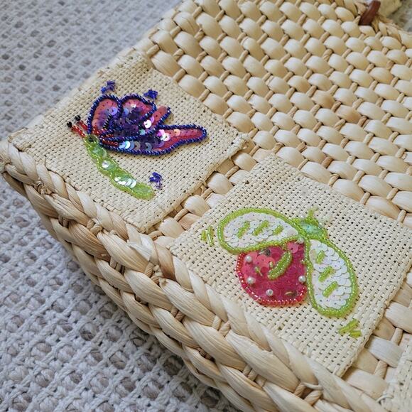Vintage Y2K Straw Handbag Beaded Bugs Butterfly Boho Cottage Beachy Purse - Picture 2 of 7